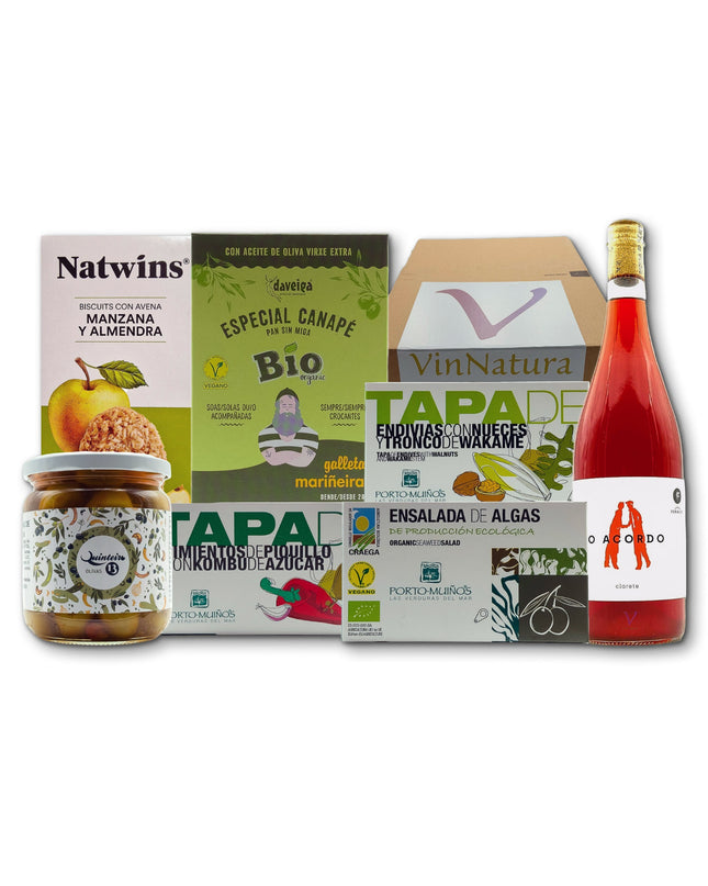 Caja de regalo vegana con conservas gourmet vegetales, algas ecológicas, galletas y una botella de vino vegano. Ideal como regalo de empresa inclusivo, para regalar o disfrutar en buena Compañía.
