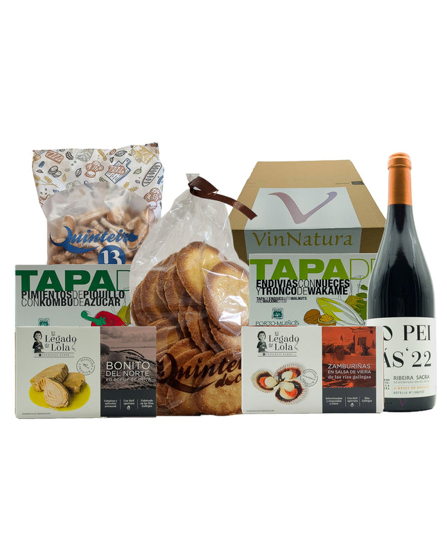 Caja de regalo gourmet con conservas Gallegas de las Rías Baixas, picos premium, pastas tradicionales de obrador, tapas vegetales con algas y una botella de vino tinto Mencía artesanal. Ideal como regalo de empresa, para regalar o disfrutar en buena Compañía.