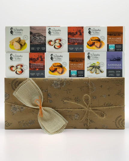 Caja de regalo edición limitada con conservas artesanales de Galicia, ideal para regalar, regalo de empresa o disfrutar en buena compañía.