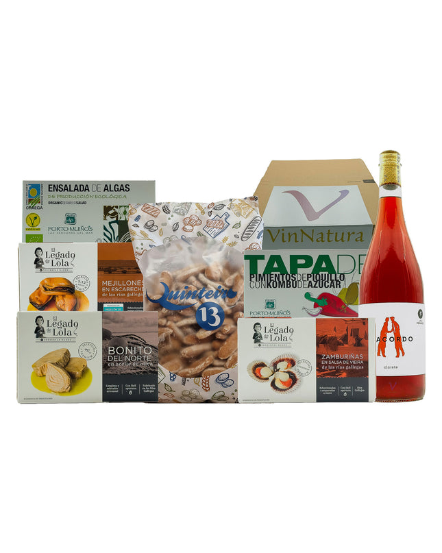 Caja de regalo gourmet con conservas Gallegas de las Rías Baixas, picos premium,  algas ecológicas y una botella de vino rosado natural. Ideal como regalo de empresa, para regalar o disfrutar en buena Compañía.