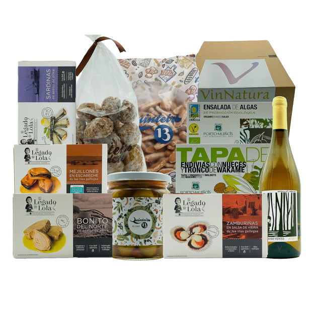 Caja de regalo gourmet con conservas de las Rías Baixas, productos Gourmet Gallegos, picos premium, pastas tradicionales de obrador y una botella de vino blanco Godello artesanal. Ideal como regalo de empresa, para regalar o disfrutar en buena Compañía.
