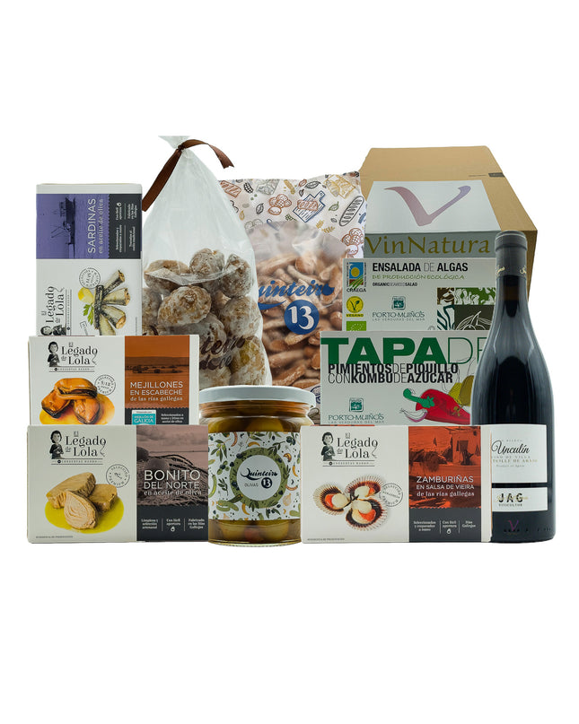 Caja de regalo gourmet con conservas de las Rías Baixas, productos Gourmet Gallegos, picos premium, pastas tradicionales de obrador y una botella de vino tinto Mencía artesanal. Ideal como regalo de empresa, para regalar o disfrutar en buena Compañía.