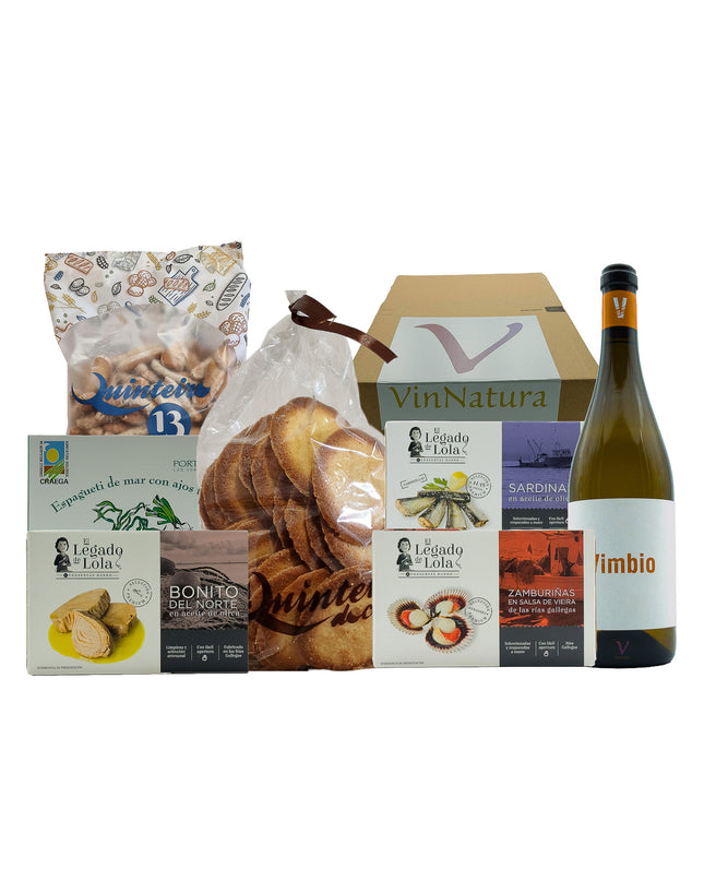 Caja de regalo gourmet con conservas Gallegas de las Rías Baixas, picos premium, algas ecológicas, pastas tradicionales de obrador y una botella de vino blanco albariño artesanal. Ideal como regalo de empresa, para regalar o disfrutar en buena Compañía.