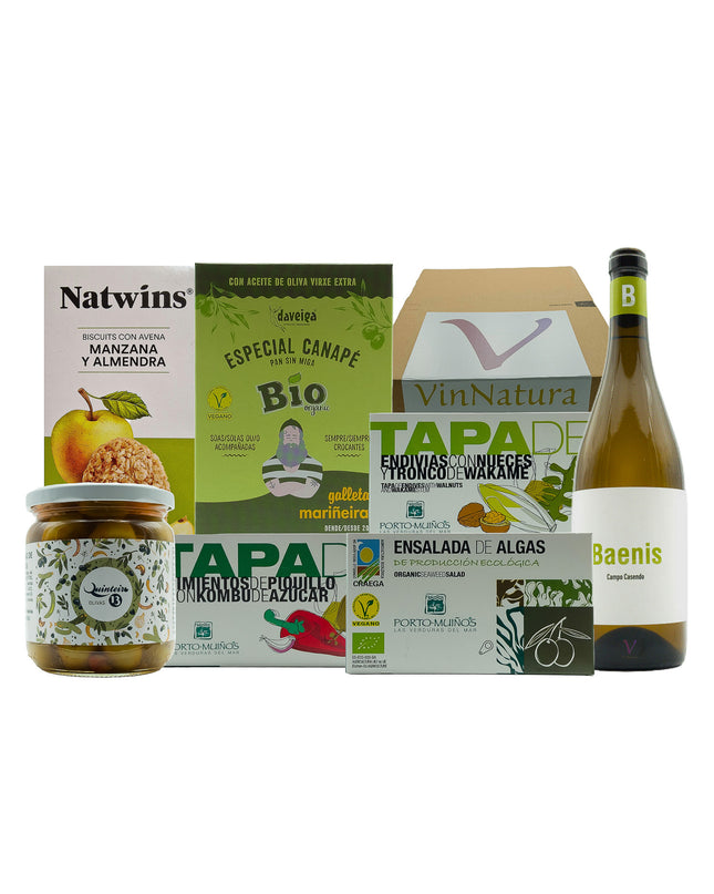 Caja de regalo vegana con conservas gourmet vegetales, algas ecológicas, galletas y una botella de vino blanco albariño vegano y ecológico. Ideal como regalo de empresa vegano o inclusivo, para regalar o disfrutar en buena Compañía.