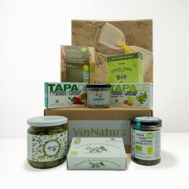 Caja de regalo vegana gourmet premium con conservas artesanales vegetales de Galicia, ideal para regalar, regalo de empresa vegano o disfrutar en buena compañía.