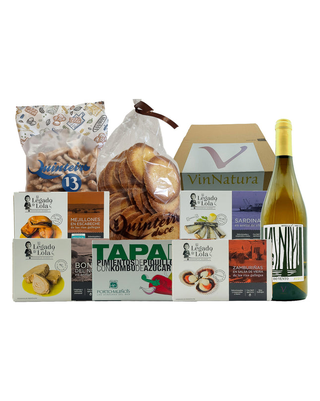 Caja de regalo gourmet con conservas Gallegas de las Rías Baixas, picos premium, pastas tradicionales de obrador y una botella de vino blanco Godello artesanal. Ideal como regalo de empresa, para regalar o disfrutar en buena Compañía.