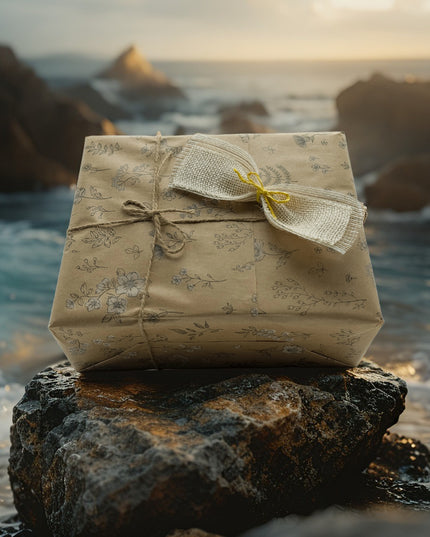 Una caja de regalo con el mar al fondo
