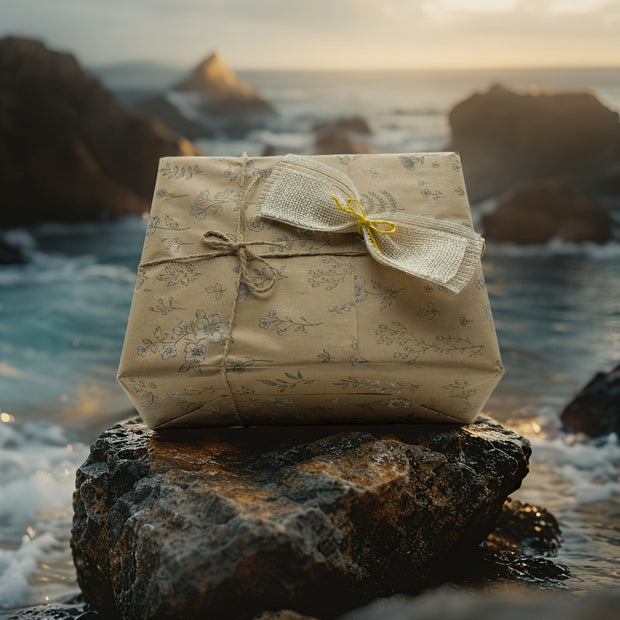 Una caja de regalo con el mar al fondo