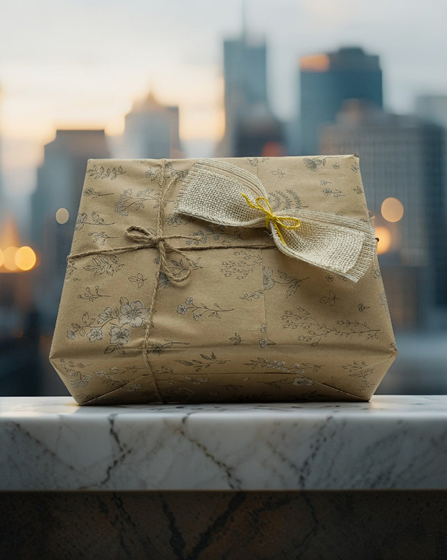 Caja de regalo gourmet con productos artesanos Gallegos, sobre la terraza de un edificio en medio de rascacielos