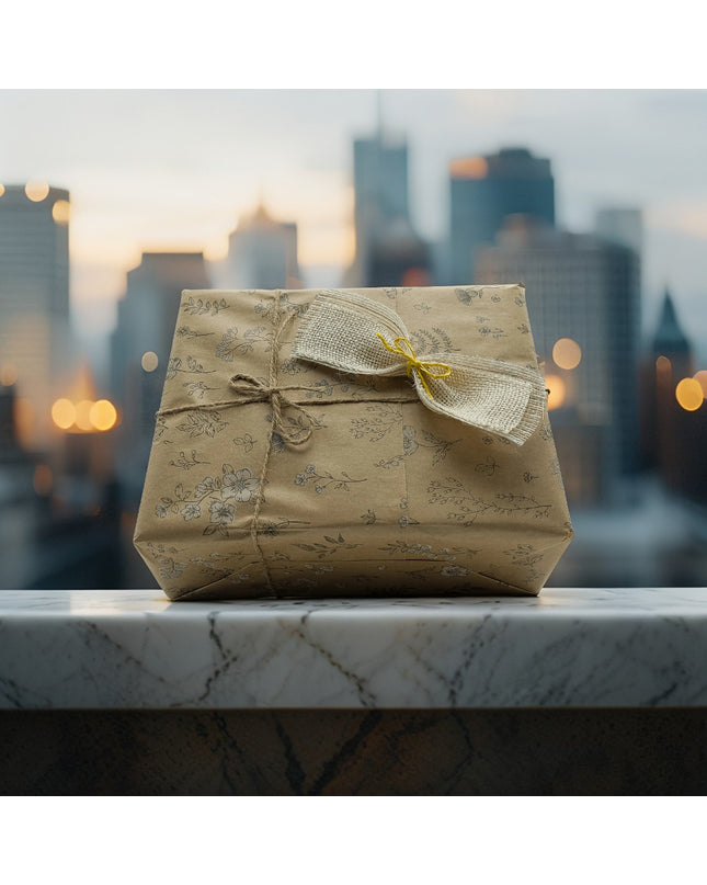 Caja de regalo gourmet con productos artesanos Gallegos, sobre la terraza de un edificio en medio de rascacielos