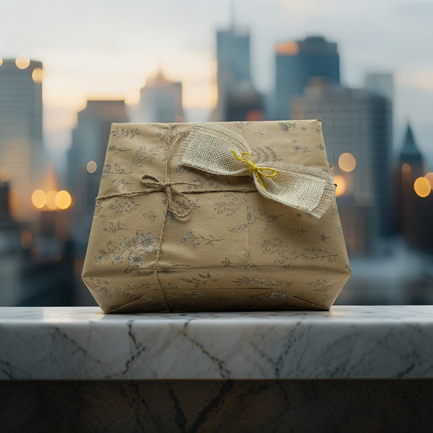 Caja de regalo gourmet con productos artesanos Gallegos, sobre la terraza de un edificio en medio de rascacielos
