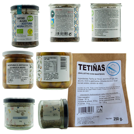 Etiquetas algas gallegas, aceitunas, romero y galletas de mantequilla de la caja de regalo gourmet con productos gallegos Camiño
