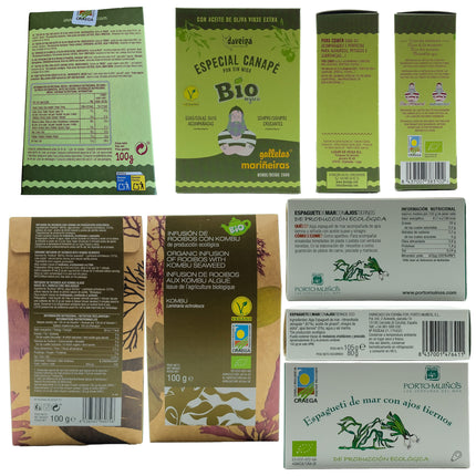 Etiquetas de mariñeiras, algas gallegas e infusión de rooibos de la caja de regalo gourmet con productos gallegos Camiño