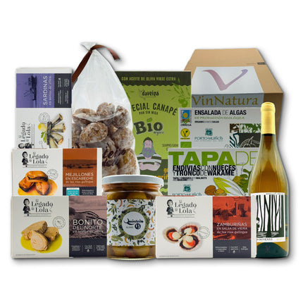Regalo gourmet gallego Cíes con conservas artesanales, algas, dulces tradicionales y vino Godello para regalar