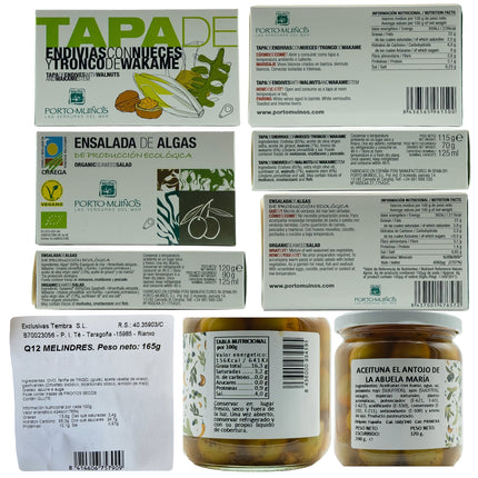Etiquetas de melindres, algas gallegas, endivias y aceitunas de la caja gourmet con productos gallegos Cíes