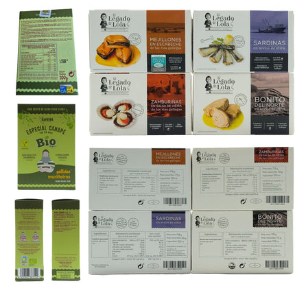 Etiquetas de los productos del pack gourmet Cíes