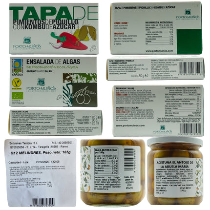Etiquetas de los productos del pack gourmet Cíes, dos
