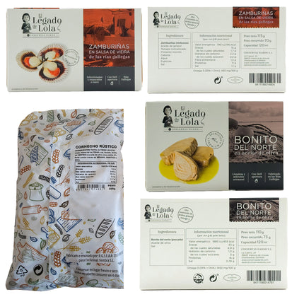 Etiquetas de conservas artesanales de la caja gourmet Cortegada