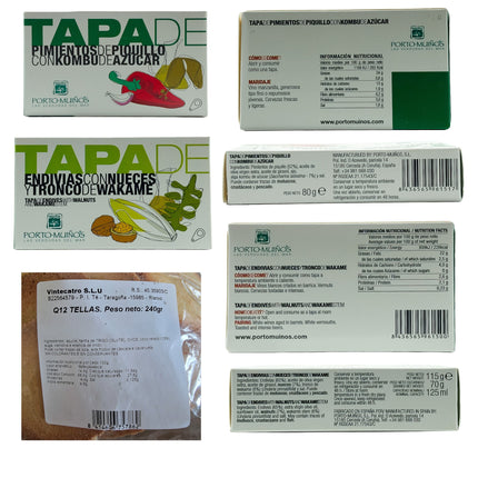 Etiquetas de tellas, pimientos y endivias de la caja gourmet con productos gallegos Cortegada