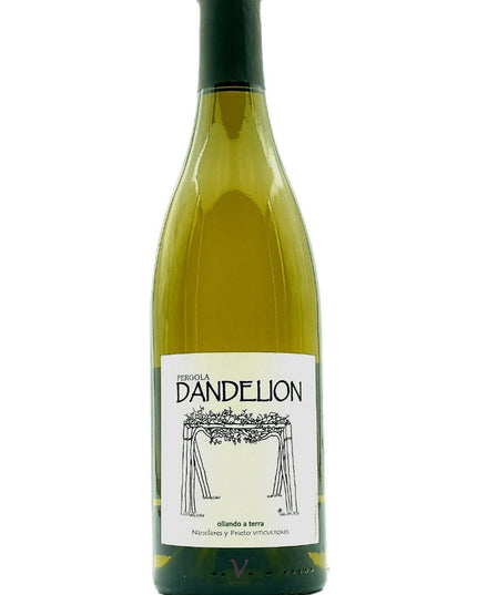 Botella de vino Dandelión de Rias Baixas sobre un fondo blanco.