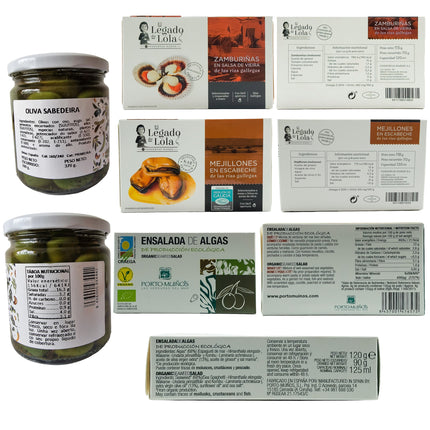 Etiquetas de conservas artesanales de la caja de regalo gourmet Descubre Galicia