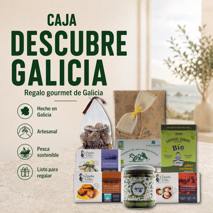Caja regalo Descubre Galicia de VinNatura con conservas de Galicia, algas ecológicas, melindres, aceitunas y presentación lista para regalar, v2