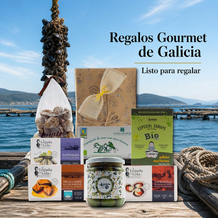 Caja regalo Descubre Galicia de VinNatura con conservas de Galicia, algas ecológicas, melindres, aceitunas y fondo marinero, v2
