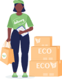 Chica de piel oscura con camiseta verde de 'Delivery', sosteniendo bolsa ecológica y tableta, junto a cajas 'ECO.