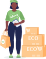 Chica de piel oscura con camiseta verde de 'Delivery', sosteniendo bolsa ecológica y tableta, junto a cajas 'ECO.