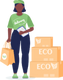 Chica de piel oscura con camiseta verde de 'Delivery', sosteniendo bolsa ecológica y tableta, junto a cajas 'ECO.