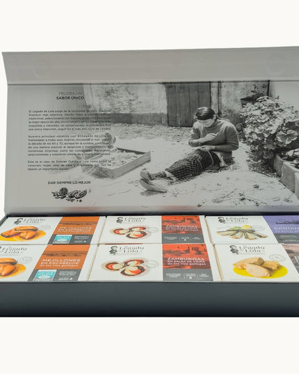 Caja imantada premium de regalo, con conservas artesanales de las Rías Gallegas.
