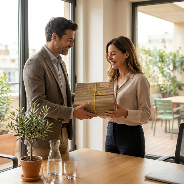 Entrega de una caja regalo gourmet VinNatura en oficina como detalle de empresa