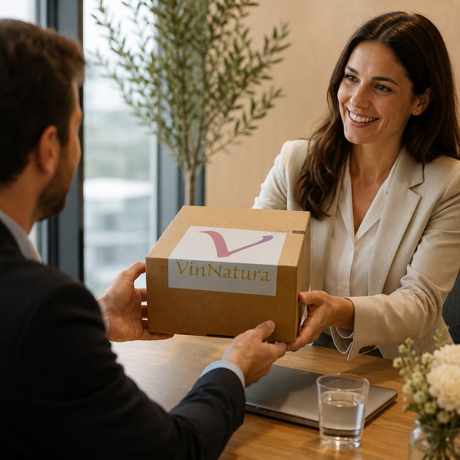Caja gourmet VinNatura entregada como regalo de empresa en una oficina durante una reunión profesional