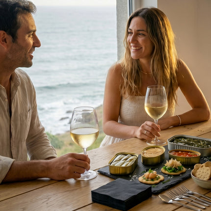 Experiencia gourmet Cíes con vino Godello, conservas artesanales de Galicia y aperitivos para compartir en pareja