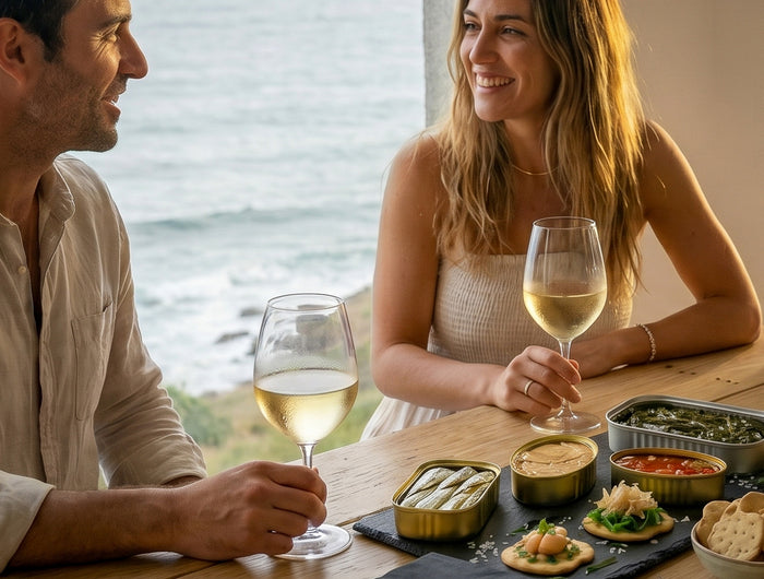Experiencia gourmet Cíes con vino Godello, conservas artesanales de Galicia y aperitivos para compartir en pareja