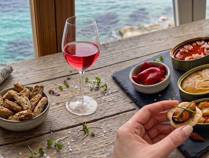 Experiencia gourmet Ons con una copa de vino rosado y conservas artesanales, en una mesa junto al mar de Galicia