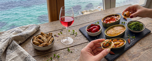 Experiencia gourmet Ons con una copa de vino rosado y conservas artesanales, en una mesa junto al mar de Galicia