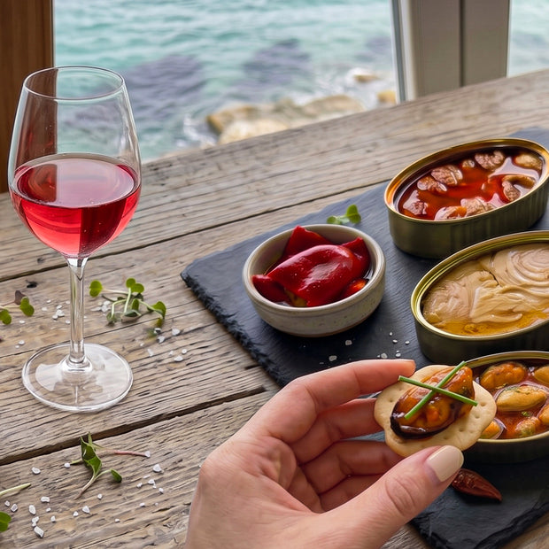 Experiencia gourmet Ons de VinNatura con conservas de Galicia, algas, aperitivos y vino rosado natural