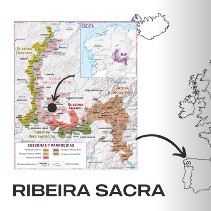 Mapa de la Ribeira Sacra en Galicia, con la situación de Adega Saiñas