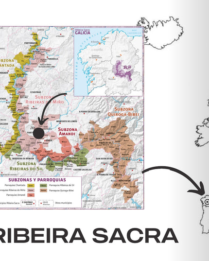 Mapa de la Ribeira Sacra en Galicia, con la situación de Adega Saiñas