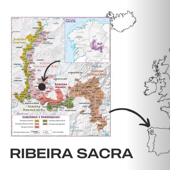 Mapa de la Ribeira Sacra en Galicia, con la situación de Adega Saiñas