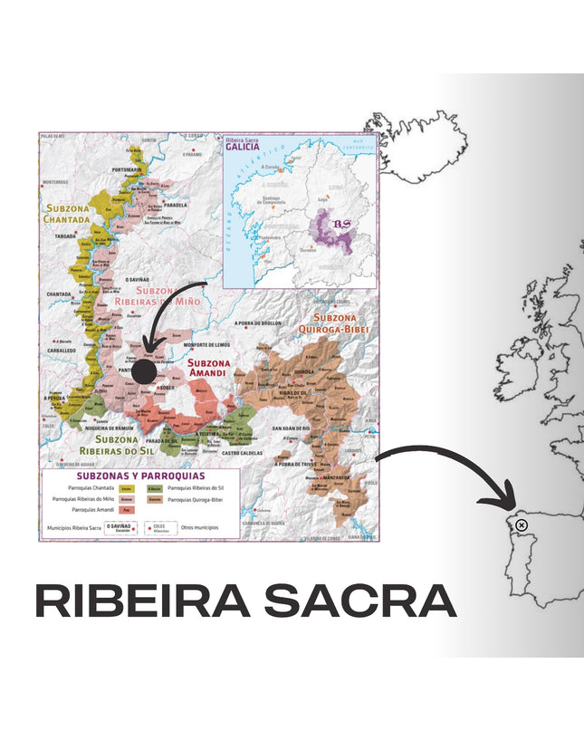 Mapa de la Ribeira Sacra en Galicia, con la situación de Adega Saiñas