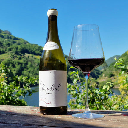 Una botella de Clarabal servida en una copa con el Río Miño al fondo en Galicia