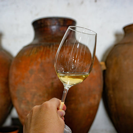 Una copa de vino blanco atlántico con unas tinajas de cerámica al fondo
