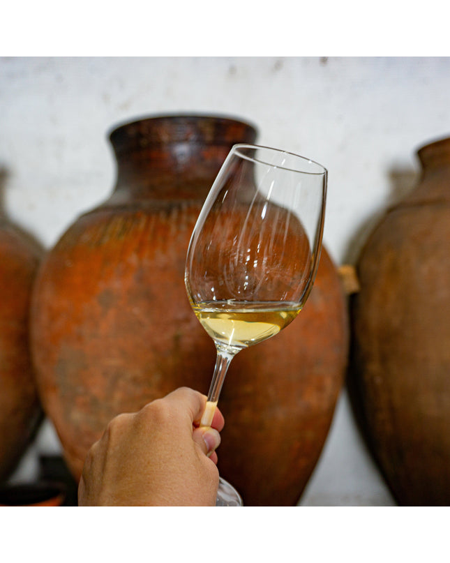 Una copa de vino albariño con unas tinajas de cerámica al fondo