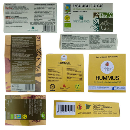 Etiquetas de los productos del pack gourmet vegano Fragas