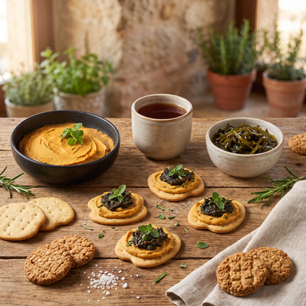 Productos servidos del pack Fragas de VinNatura sobre una mesa rústica, con canapes de hummus con algas.