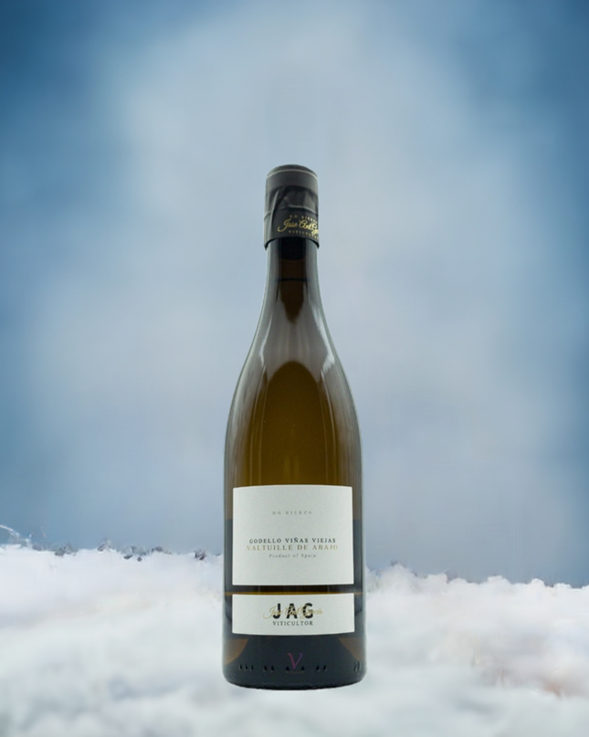 Godello viñas viejas de José Antonio García sobre la nieve con un fondo azul degradado