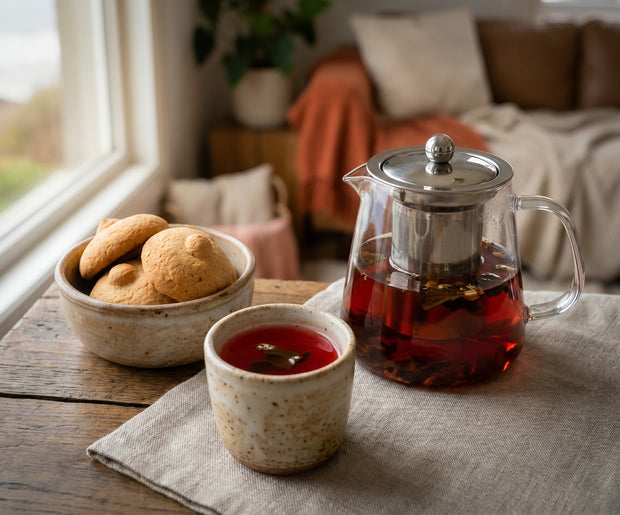 Infusión de rooibos con dulces artesanales de Galicia servida en una mesa acogedora