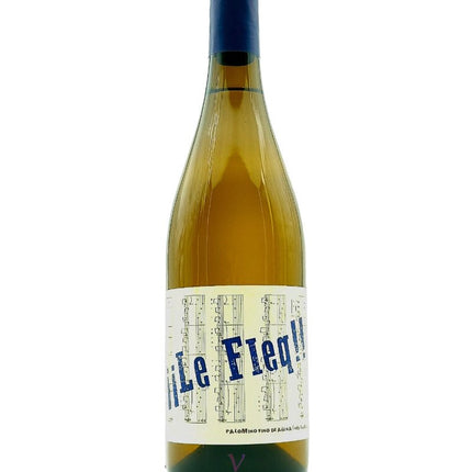 Botella de vino ecológico Palomino Le Fleq sobre un fondo blanco.